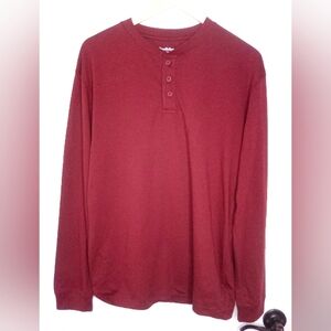 Men's Long Sleeve Maroon Henley Shirt, Medium, Shrink Resistant,Midweight Cotton